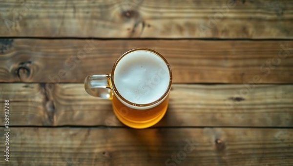 Fototapeta A top view of a beer mug filled with beer on a wooden surface with a clear handle and white foam top | national 