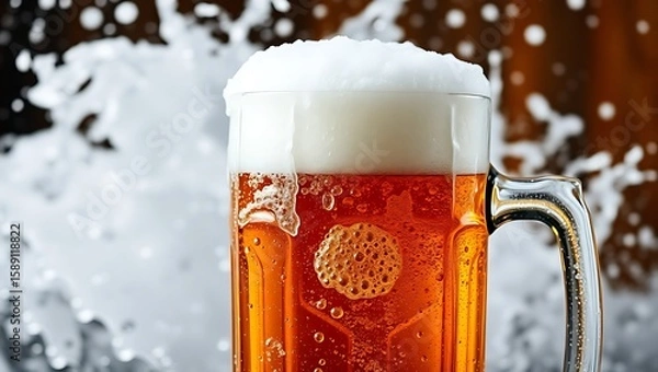 Fototapeta A close up of a mug of beer with a thick head of foam in front of a blurred background scene | national 