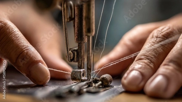 Fototapeta Close-up of hands operating a vintage sewing machine with detailed stitching process.