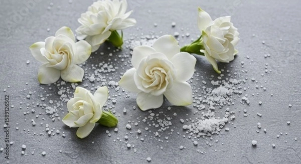 Obraz Elegant White Gardenia Blooms with Scattered Salt Crystals on Grey Texture