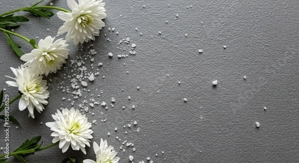 Obraz Serene composition of white chrysanthemums and scattered salt crystals on textured gray backdrop