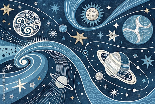 Fototapeta Celestial Space Pattern Illustration | Planets, Stars, and Cosmic  Design