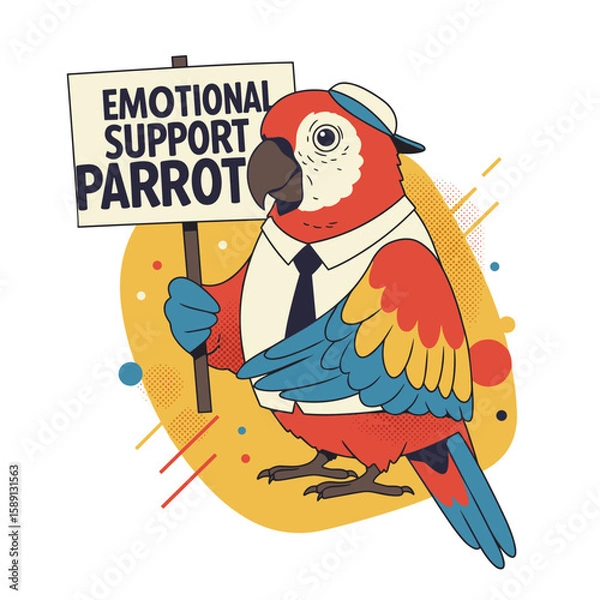 Fototapeta Colorful parrot in a suit holding emotional support sign  