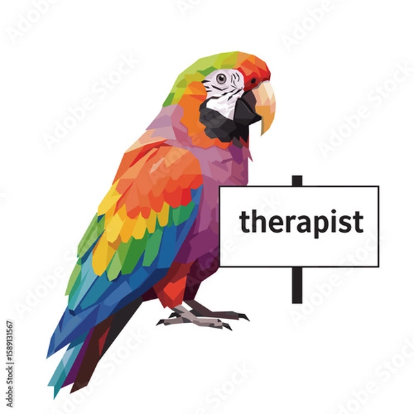 Fototapeta Colorful parrot holding a sign that says therapist in vector style  