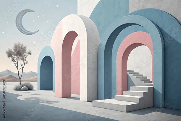 Fototapeta Minimal Architecture Art Illustration | Abstract Arches with Moon Design
