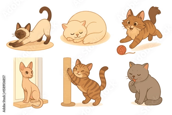 Fototapeta Adorable Cartoon Cats Collection Playful Poses and Cute Expressions in Vector Style