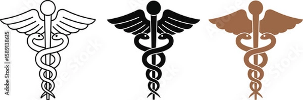 Fototapeta Three caduceus symbols showcase medical profession icons in line art, solid black, and brown, representing healthcare, medicine, and healing with a classic emblem.