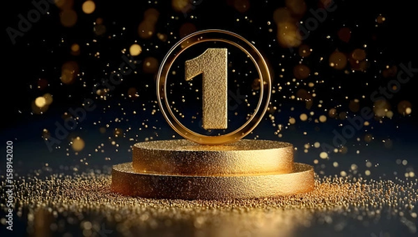 Fototapeta Celebratory gold trophy number one podium representing victory and achievement, surrounded by sparkling particles, perfect for motivational themes.