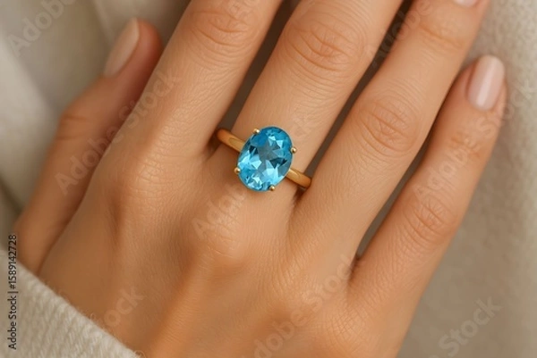 Obraz Elegant blue gemstone ring shines on a woman's hand with a soft background and neutral colors