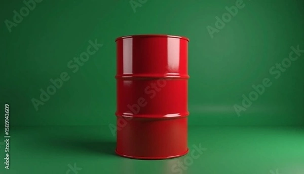Obraz Bright red drum against a solid green backdrop showcasing its vivid color and industrial design barrel of car oil