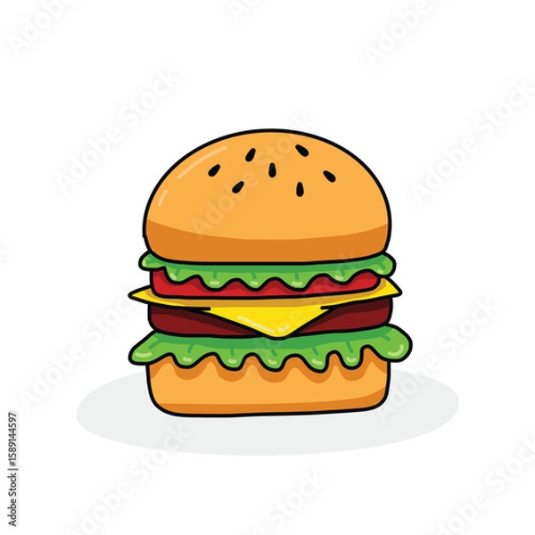 Obraz Delicious Cartoon Burger with Multiple Layers and Fresh Ingredients