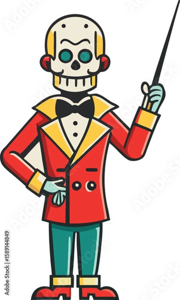 Fototapeta Cartoon skeleton presenter in red suit holding pointer costume