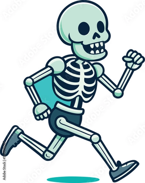 Fototapeta Cartoon skeleton running with blue shorts and shoes white
