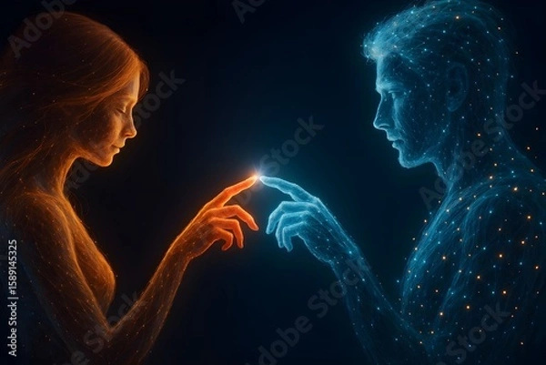Obraz Two ethereal figures reaching for each other in a cosmic embrace, highlighting connection and unity