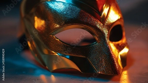 Fototapeta Golden masquerade mask on a colorful background with dramatic lighting  