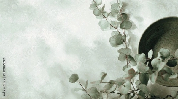 Fototapeta Eucalyptus branches placed beside a vintage bowl on textured background  