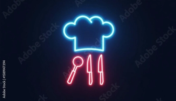 Obraz Bright neon chef hat with utensils against a dark background showcases culinary creativity and modern design