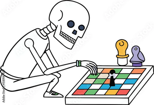 Fototapeta Skeleton playing a colorful board game pieces