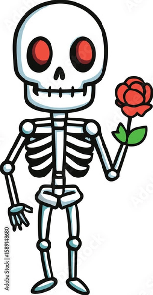 Fototapeta Cartoon skeleton holding a red rose flower