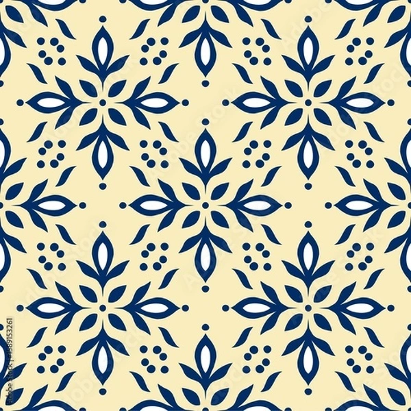 Fototapeta Geometric Blue Leaf Pattern on Cream Background
