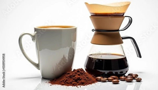 Obraz Brewing coffee with a pour-over method using fresh grounds and a ceramic mug
