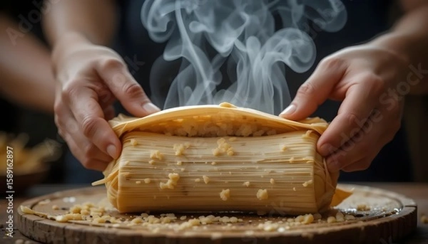 Obraz Hands unveil a steaming, wrapped food item on a wooden board, showcasing texture and steam