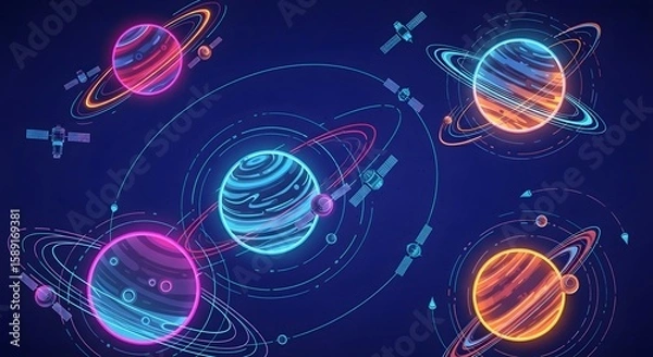 Obraz Illustration of planets with rings and orbiting satellites