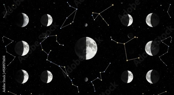 Obraz Various moon phases and constellations on a black background