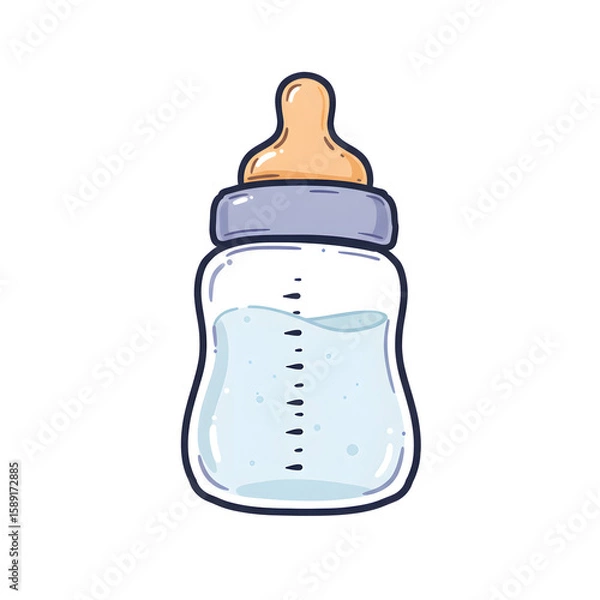 Fototapeta Colorful baby bottle illustration with clear liquid inside, featuring a soft orange nipple and gray cap, ideal for parenting themes and childcare concepts
