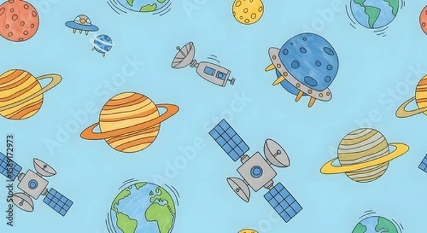 Obraz Seamless pattern featuring planets satellites and ufo on blue