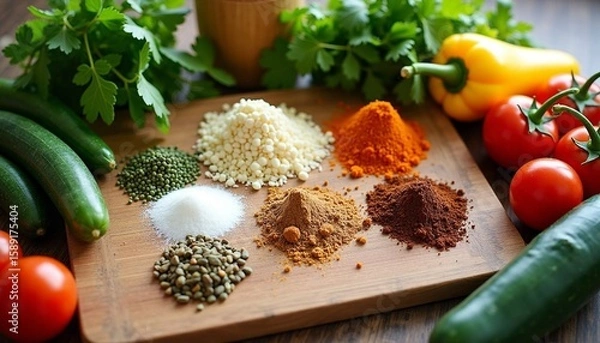 Obraz Colorful collection of fresh vegetables and spices arranged on a wooden board in a kitchen setting during daylight