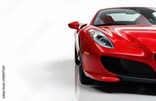 Fototapeta Red sports car with sleek design and aerodynamic features on a plain white background