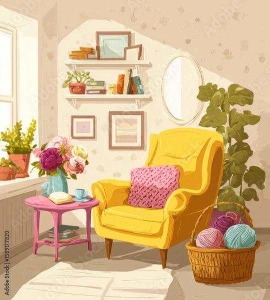 Fototapeta Cozy corner room with yellow armchair
