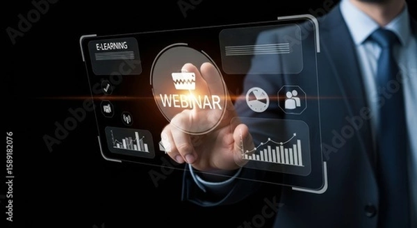 Obraz Businessman touching a holographic screen displaying a webinar icon, symbolizing online workshop, e-learning, education, and virtual conferencing in real-time environments.