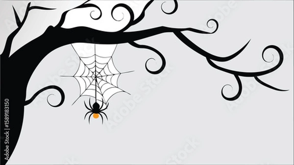 Fototapeta Black tree branch with swirls and a spider hanging from a web on a light gray background scene image