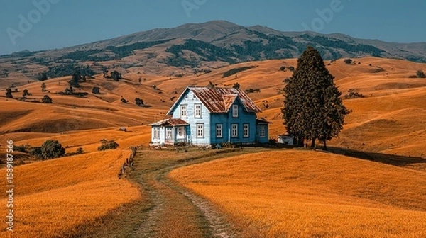 Obraz A rustic, light blue house sits atop a golden hill.