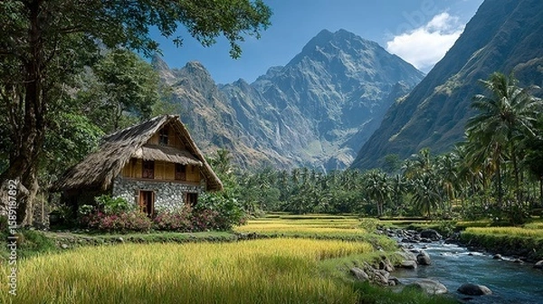 Obraz Rustic thatched-roof house nestled in a valley amidst mountains.