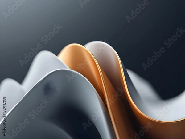 Obraz Abstract wavy metallic shapes in gray, white, and gold.  Close-up view of overlapping, flowing forms