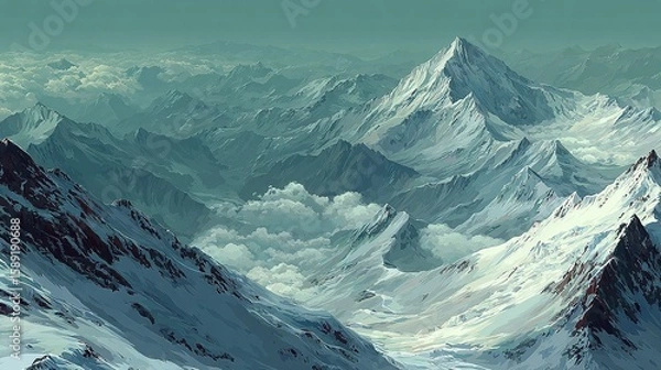 Obraz Snowy mountain peaks with clouds in the valley.