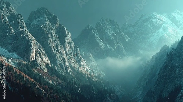 Obraz Misty mountain range shrouded in a tranquil atmosphere.