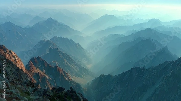 Obraz Misty mountain range view from above.