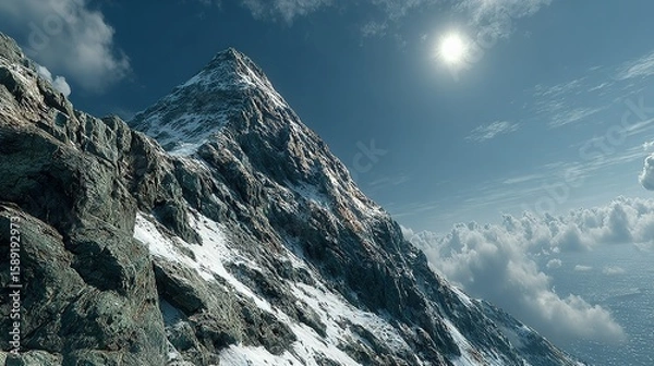 Obraz Snow-capped mountain peak rising above clouds.
