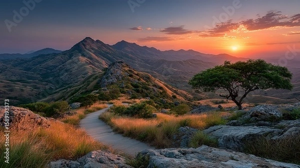 Obraz Mountainous landscape at sunset with a lone tree.