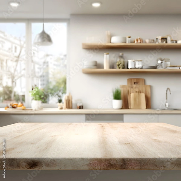 Obraz Indoor kitchen with a wooden table with studio and daylight 