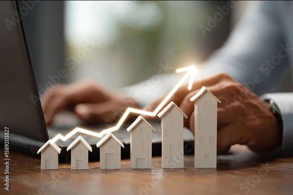 Fototapeta Real Estate Agent Visualizing Home Value Growth with Upward Arrow Chart