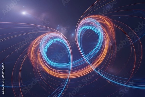 Fototapeta Abstract glowing swirl artwork with blue and orange light trails creates a dynamic futuristic design, perfect for backgrounds.