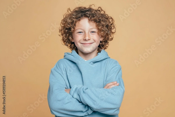 Fototapeta Smiling boy stands with arms crossed against beige background. Perfect for marketing, advertising, web use.