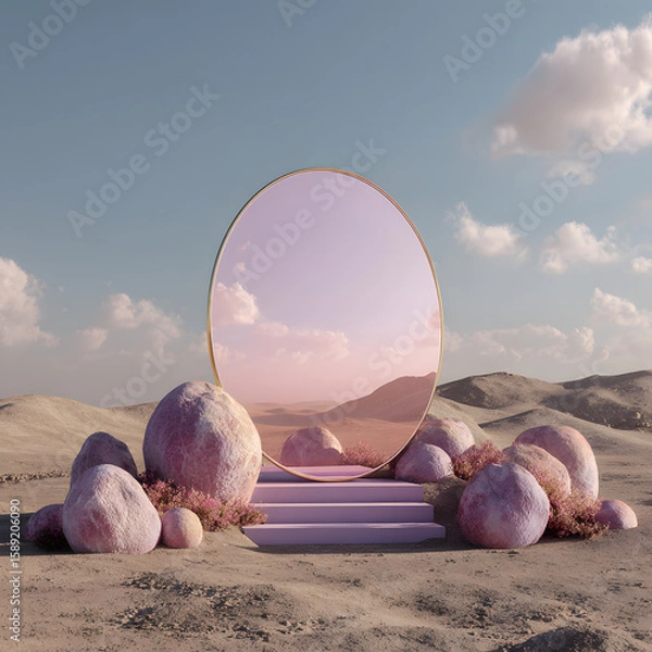 Obraz Abstract factasy and realistic mirror in desert, background, futuristic