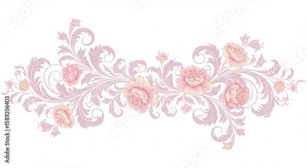 Obraz 優美な淡いピンクの花模様 繊細な渦巻き装飾 優雅に流れるデザイン. AI Generated