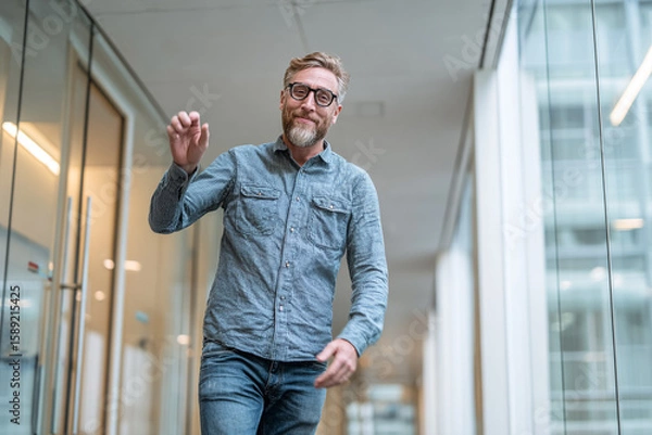 Fototapeta Man waves in modern office corridor. Friendly greeting. Use for business, design, web.